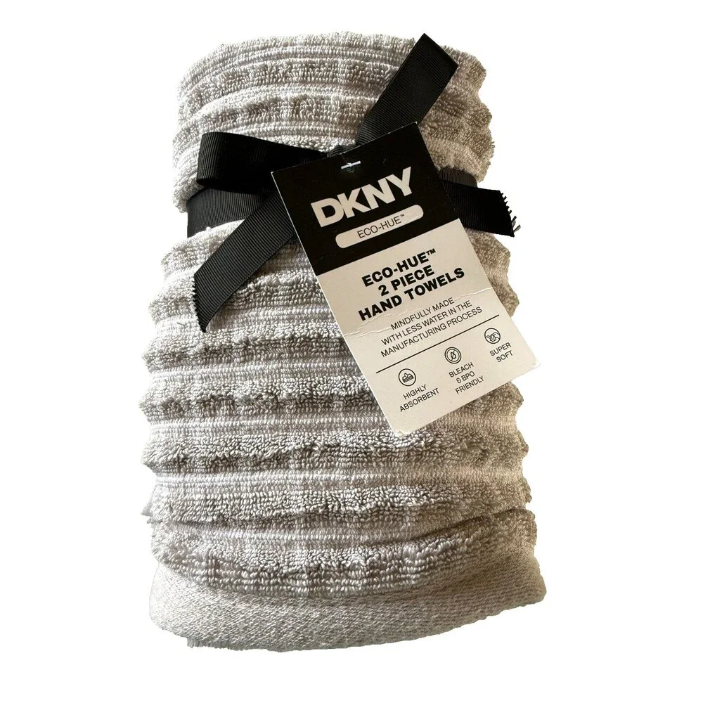 DKNY Hand Towels Beige White Windowpane 100% Cotton 18x28 Super Soft Set of 2